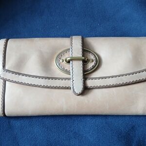 Neutral Beige Leather Fold-Over Wallet with Brass Accent
